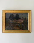 Framed vintage oil landscape painting of a rural Tuscan house with trees. Available at Hue.