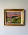 A framed vintage landscape oil painting. The painting depicts a rural path leading to a house under a pink and purple sky, surrounded by green fields. Available at Hue.