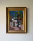 A framed vinatge painting depicting a semi-abstract outdoor scene with a twisted old tree and a white house, housed in a gold frame. Available at Hue.
