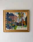 A framed vintage impressionist landscape painting of a house and trees, housed in a gold frame. Available at Hue.