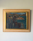 A framed vintage oil painting depicting two fishermen near a body of water. Available at Hue.