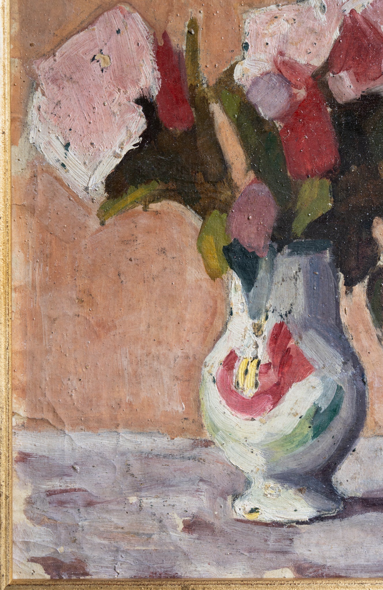 pink floral painting in a painted French vase