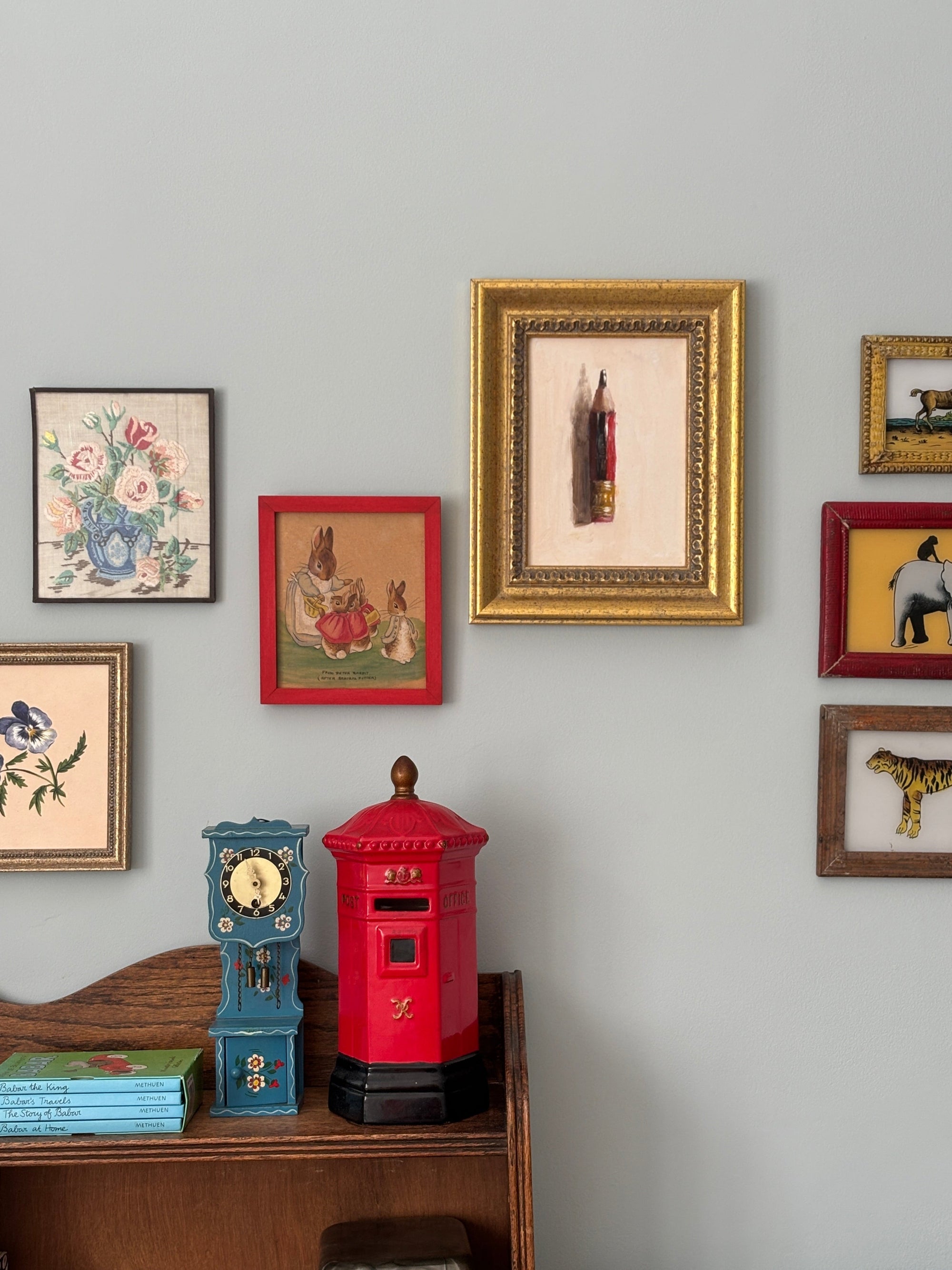 A photo of original art in a children's room