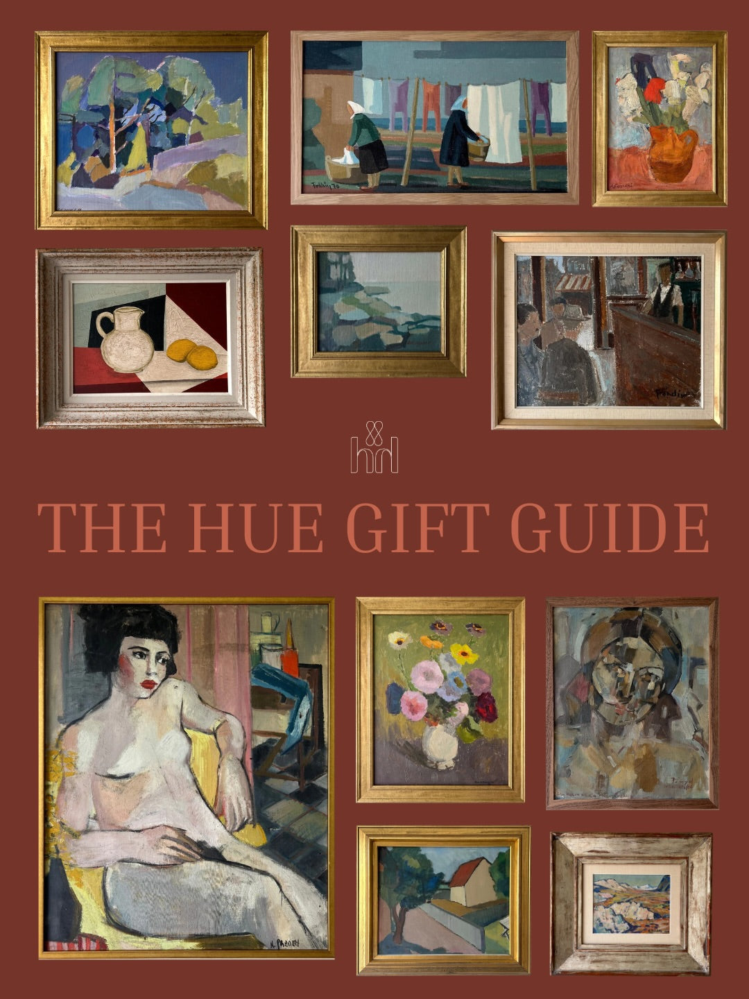 The Hue Christmas Gift Guide cover featuring a curated selection of framed vintage paintings arranged in a gallery-style layout.