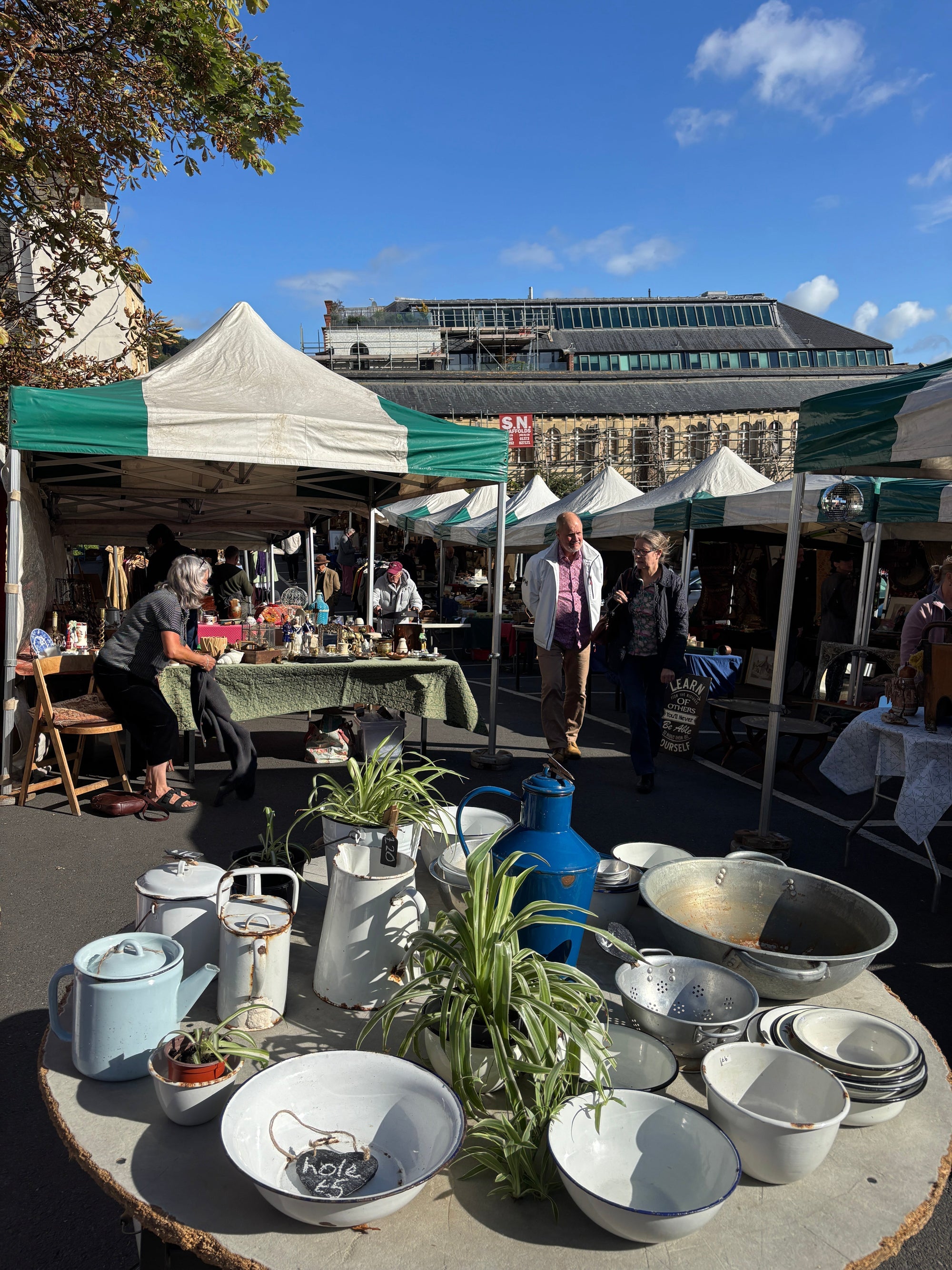 vintage market in Bath on a sunny day with vintage homeware 