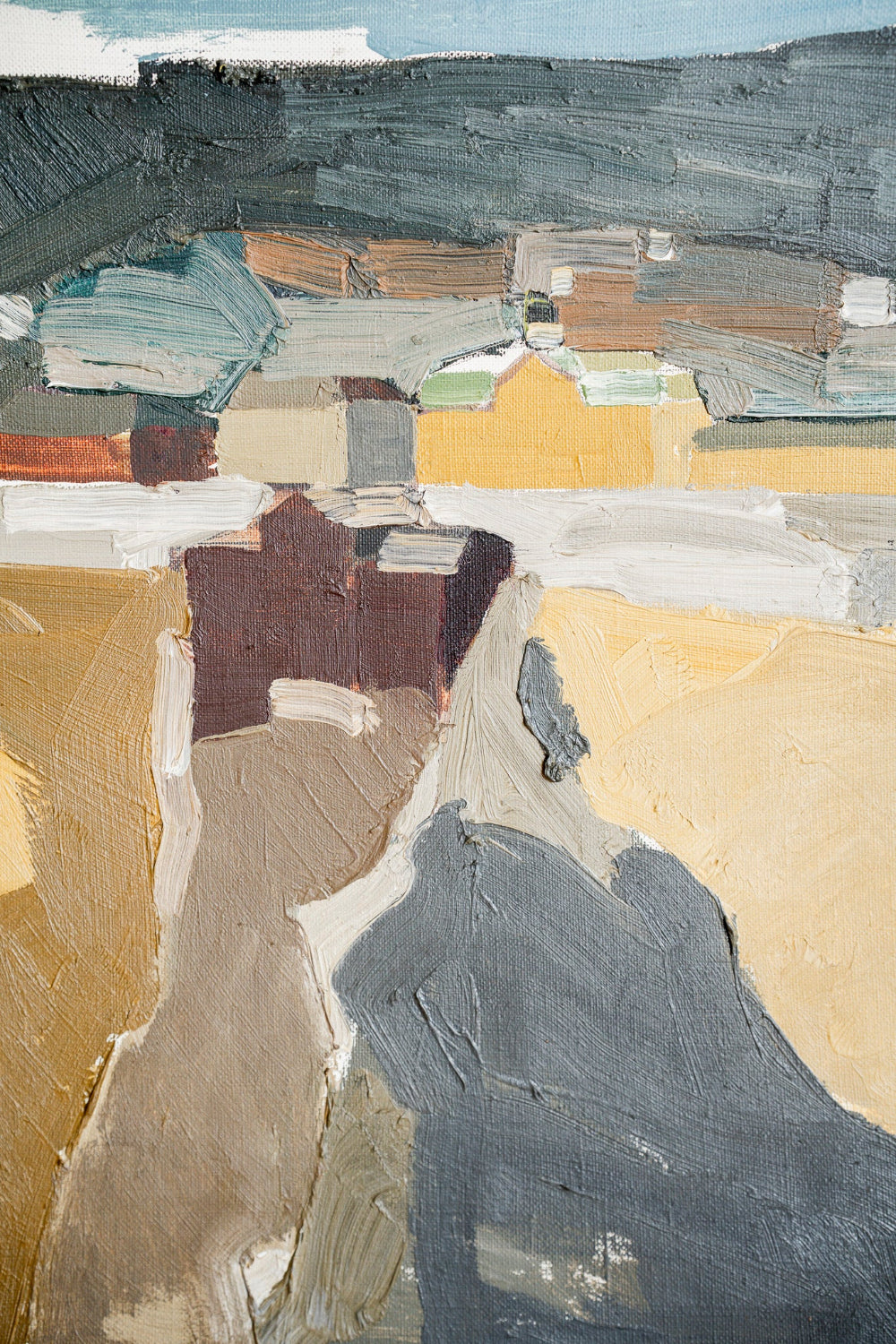 Original vintage abstract landscape oil painting with expressive blocks of ochre, grey, cream and muted blue, from the curated Hue + Holasz collection.