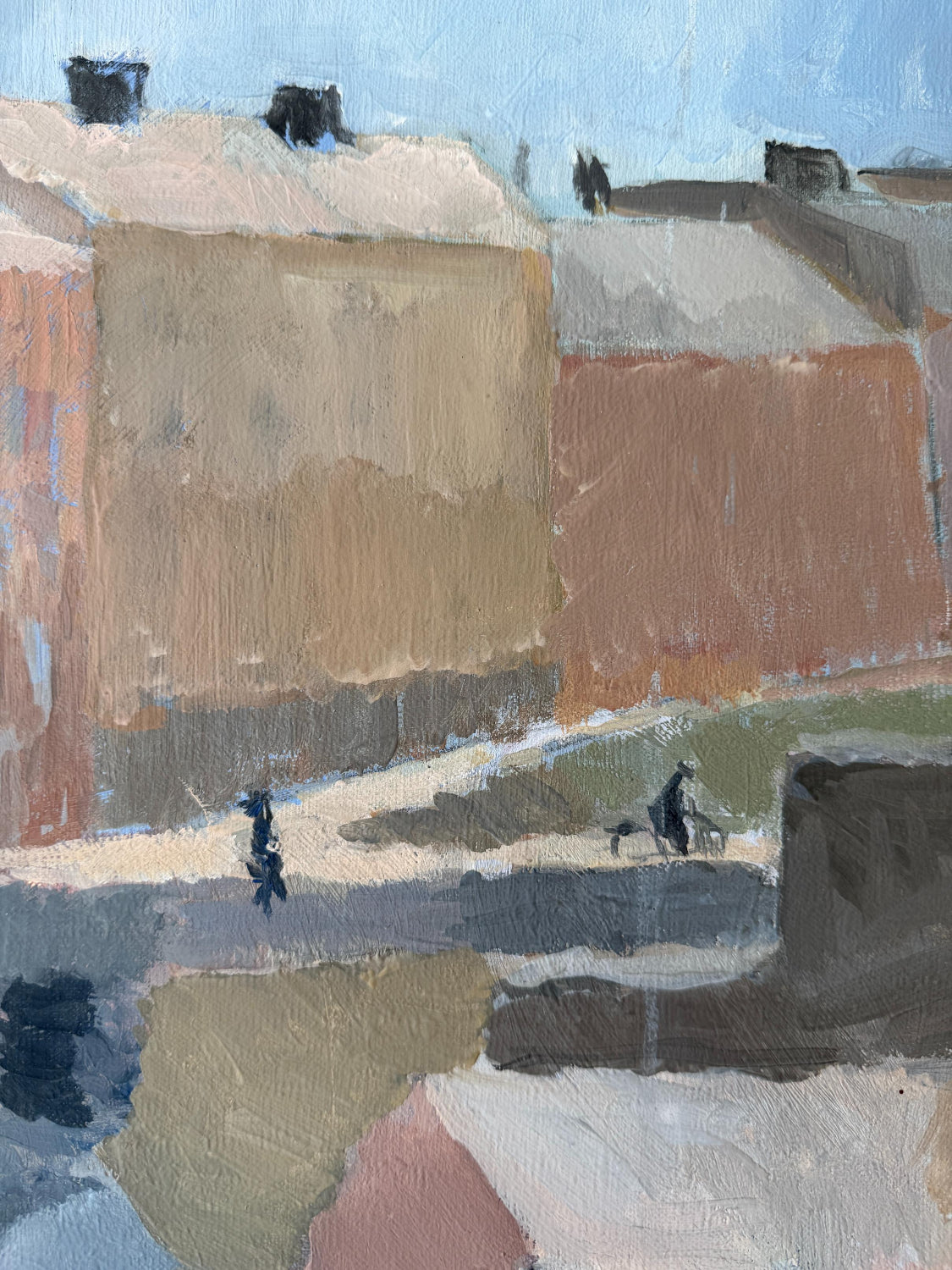 Original vintage mid-century cityscape oil painting of sunlit rooftops and distant figures from the curated Hue + Holasz Scandinavian collection.
