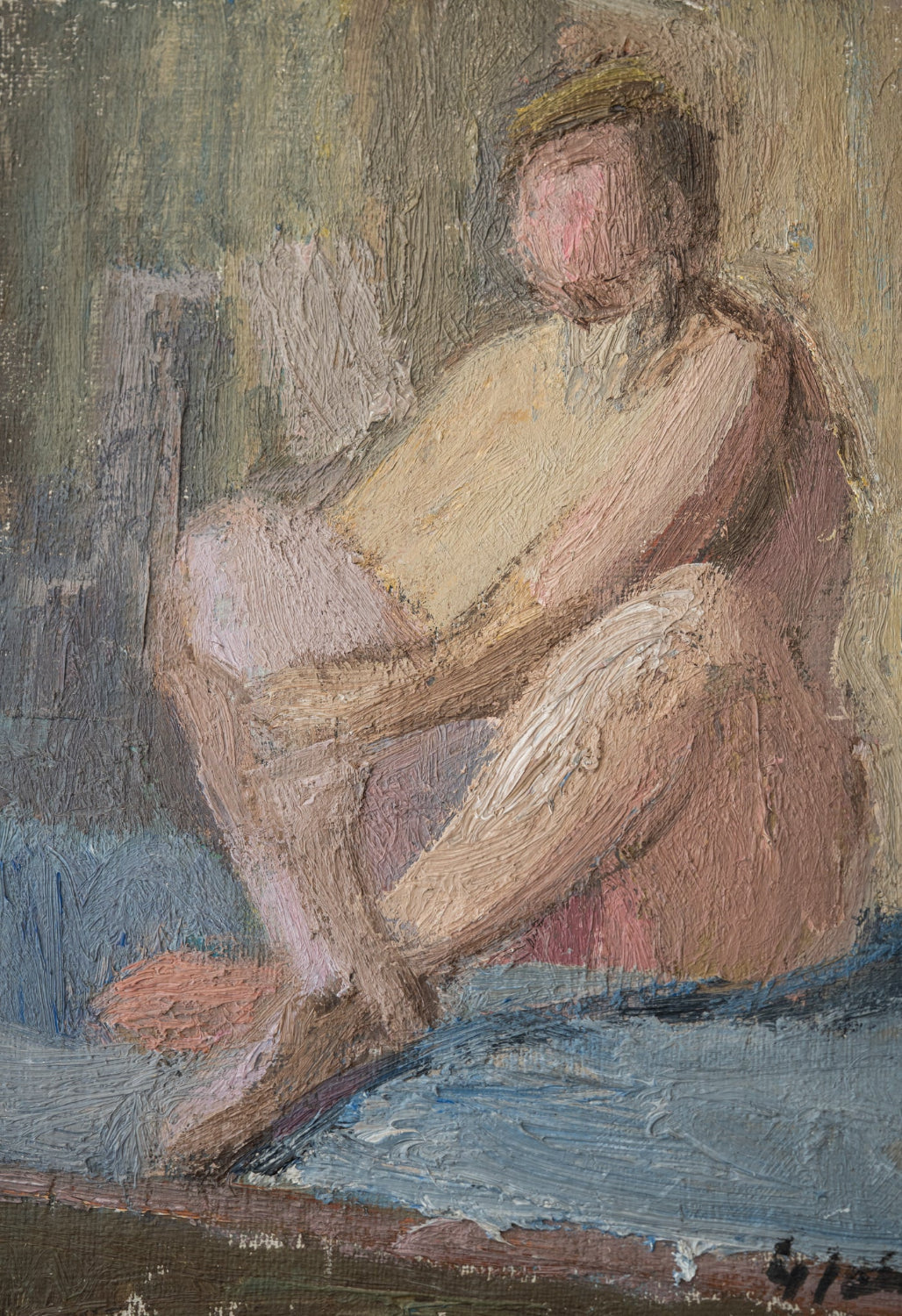 Original vintage figurative painting of a seated nude in soft muted blue, rose and neutral tones, from the curated Hue + Holasz collection.