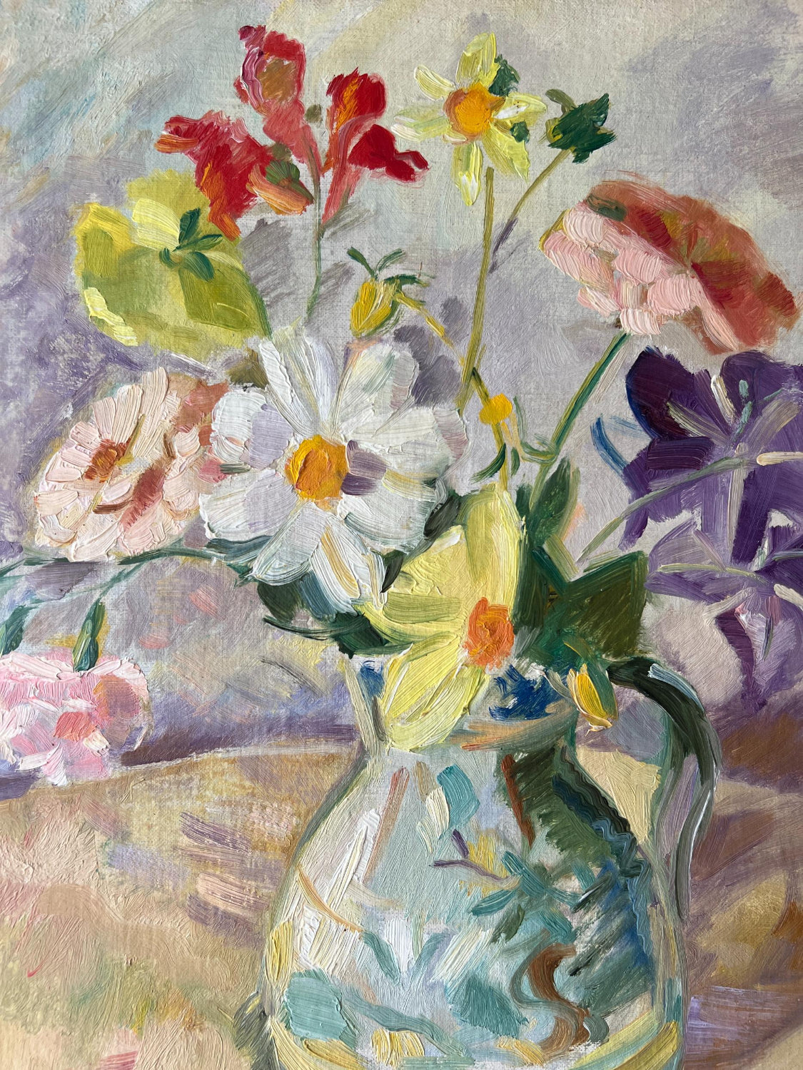 Vintage floral still life oil painting featuring a loose bouquet of pink, yellow, white and deep purple flowers in a blue-green vase, from the curated Hue + Holasz collection.