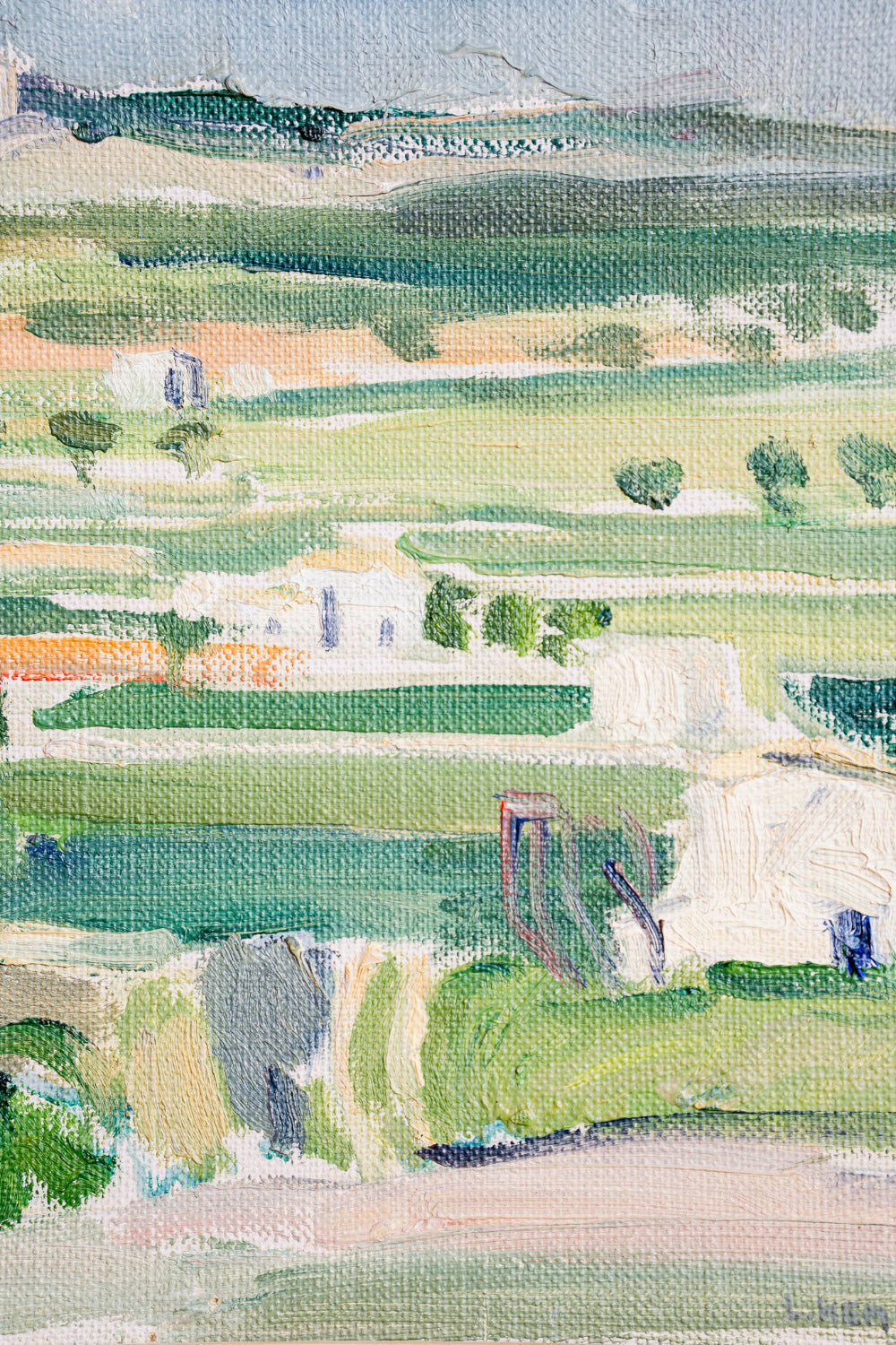 Original vintage landscape painting of rolling green countryside with white buildings and distant hills, from the curated Hue + Holasz collection.