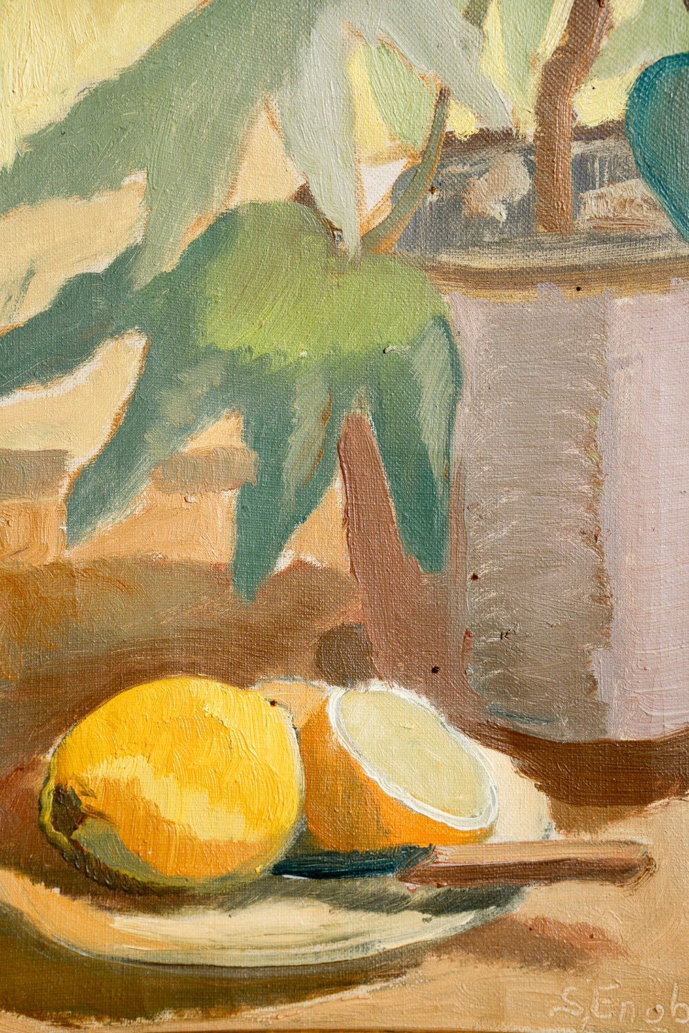 Original vintage still life oil painting of lemons, green leaves and a pale ceramic vessel, from the curated Hue + Holasz collection.
