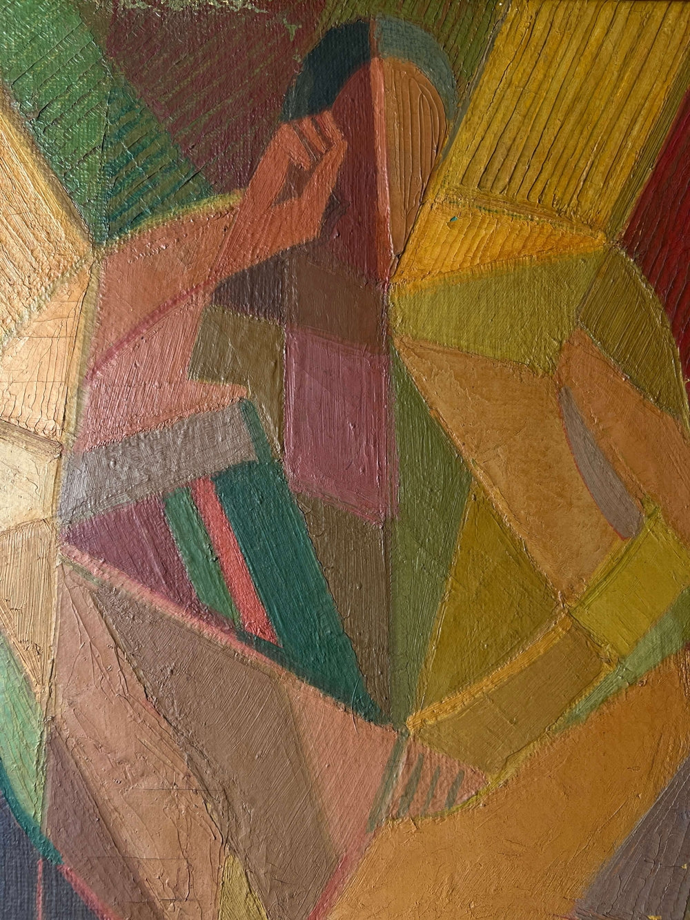 Close up of a vintage abstract oil painting of a female figure painted using geometric shapes in warm ochre colours, reminiscent of a cubist or modernist style.