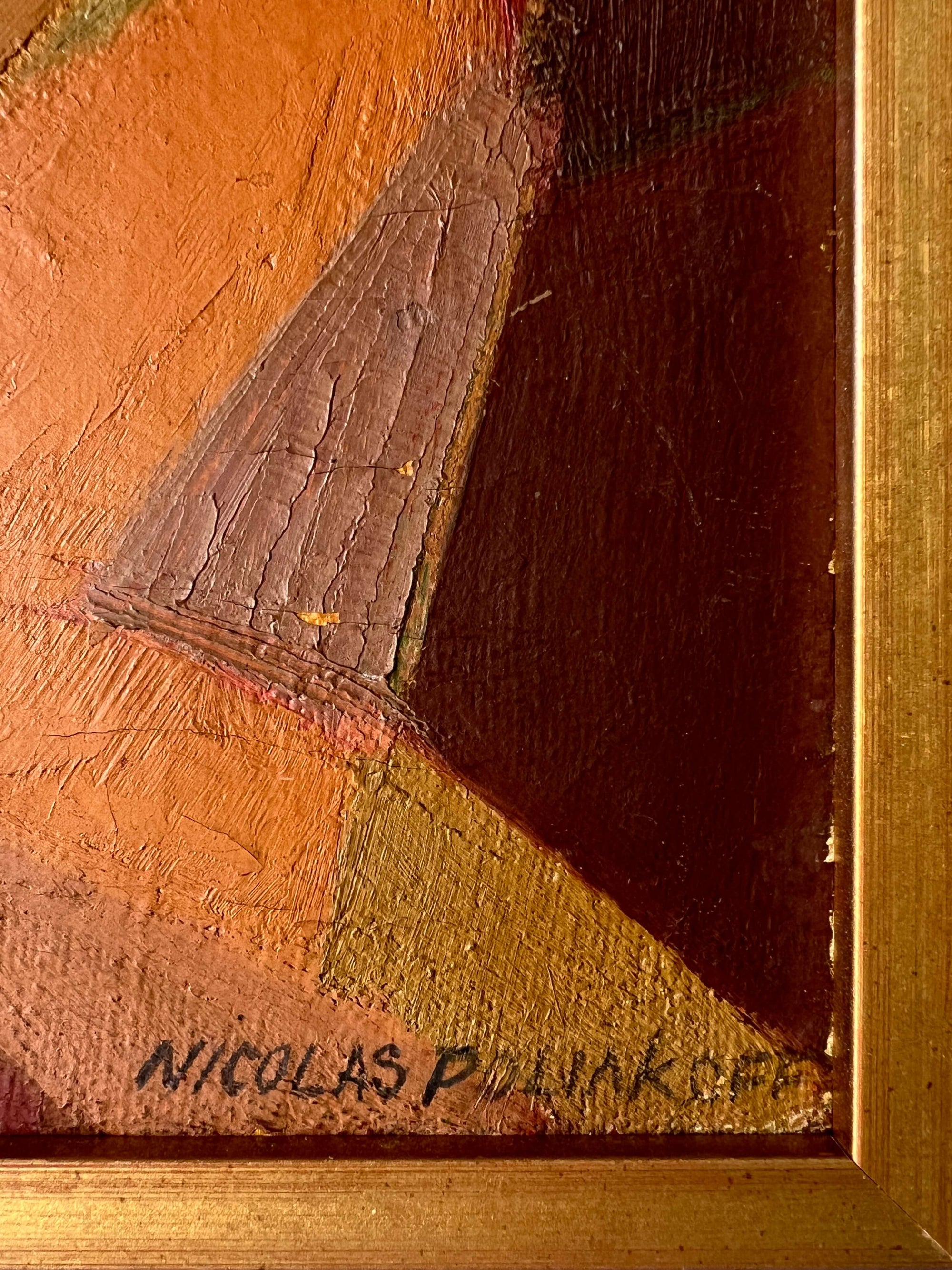 Close up of a vintage abstract oil painting of a female figure painted using geometric shapes in warm ochre colours, reminiscent of a cubist or modernist style.