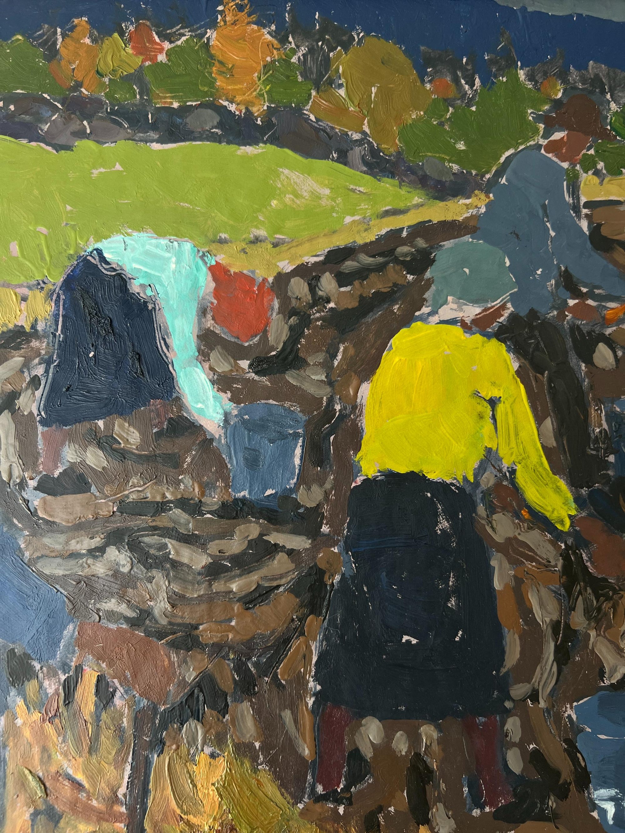 Framed, vintage oil painting of people working in a field