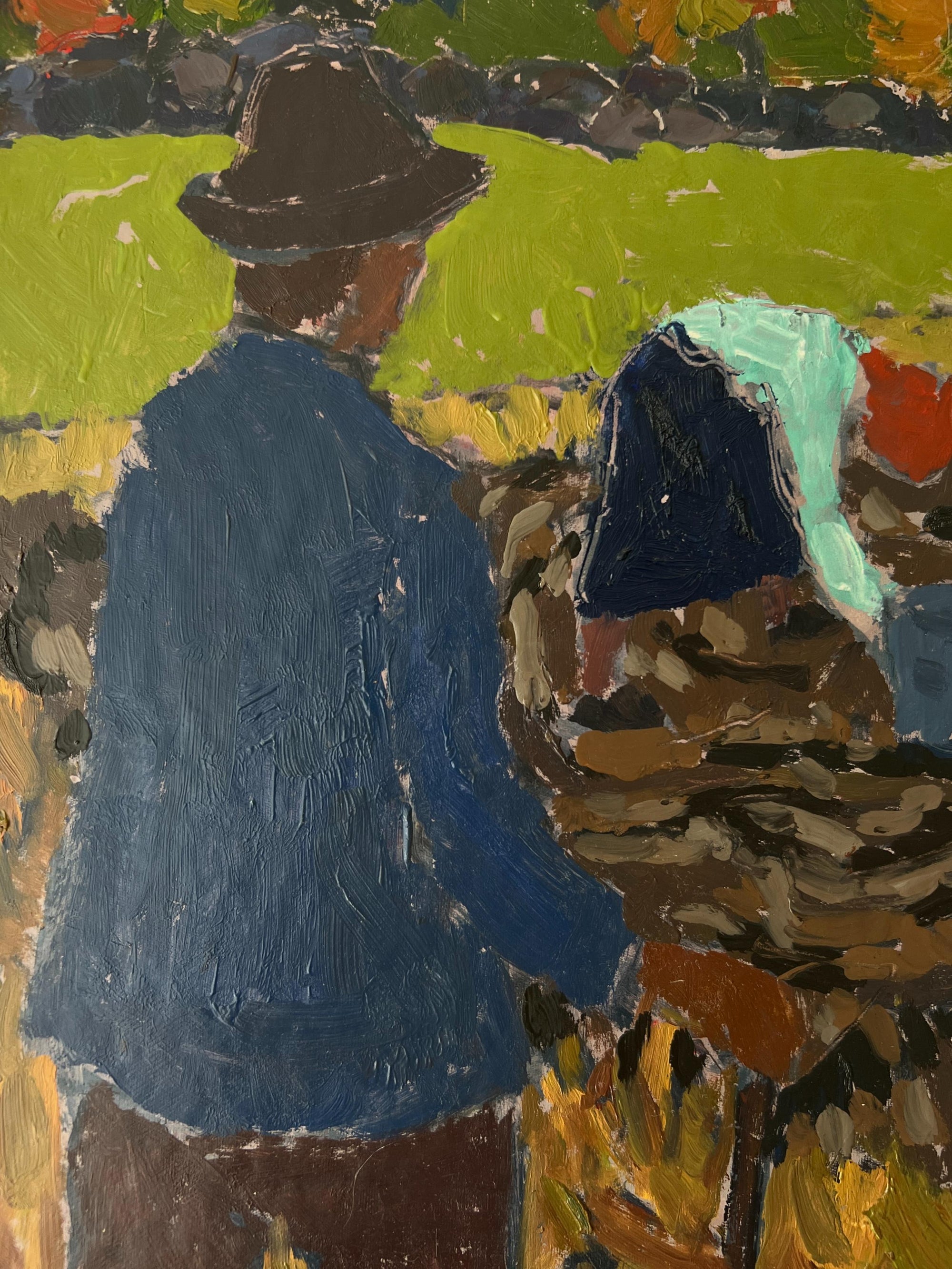 Framed, vintage oil painting of people working in a field