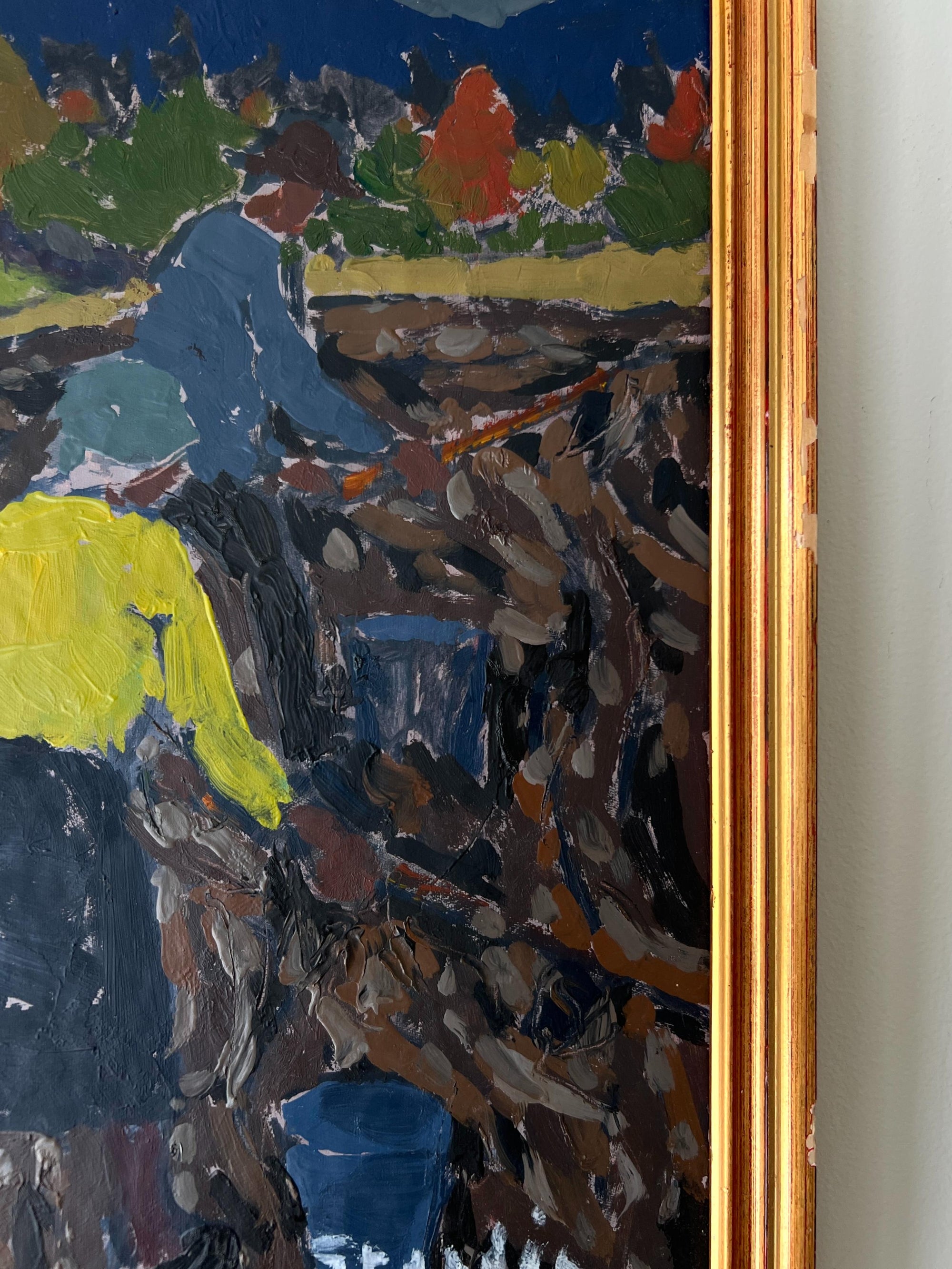 Framed, vintage oil painting of people working in a field
