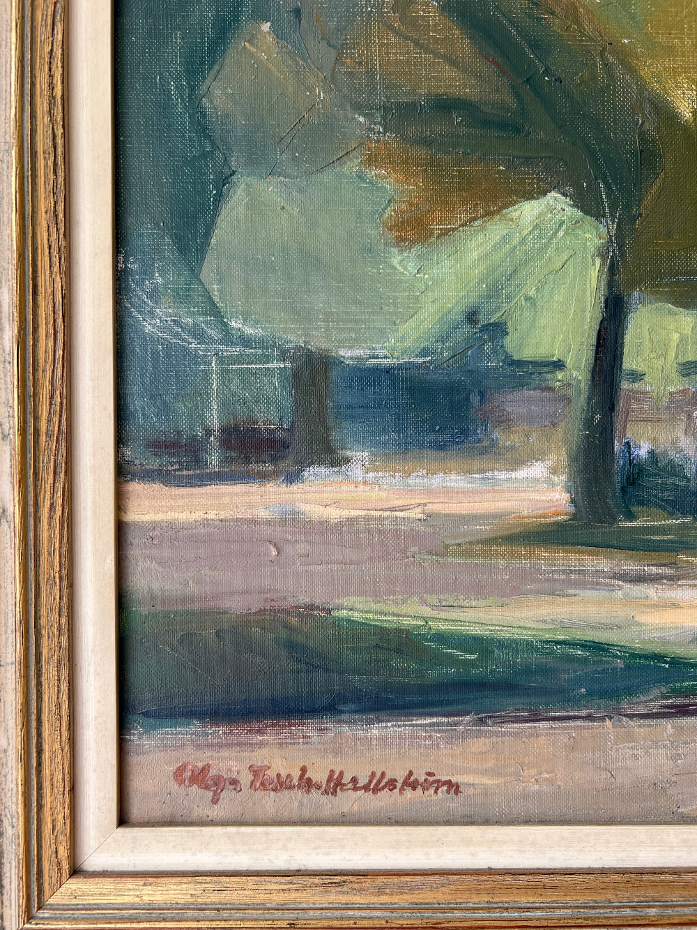 Framed, vintage oil painting of a park scene with trees and people 