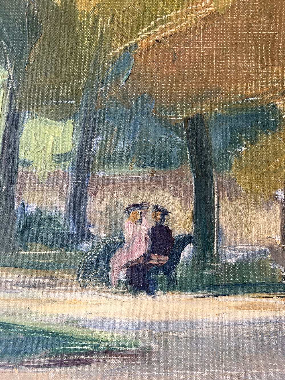 Framed, vintage oil painting of a park scene with trees and people 