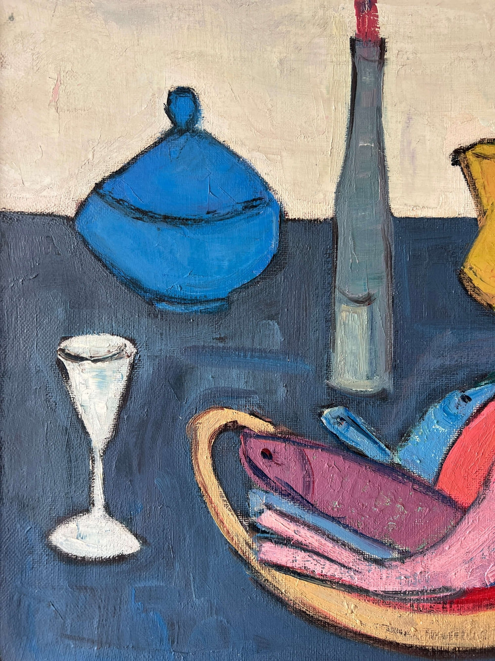 Close up of a vintage oil painting of still life objects on a  blue table. Flat shapes in post-cubist, mid-century style.