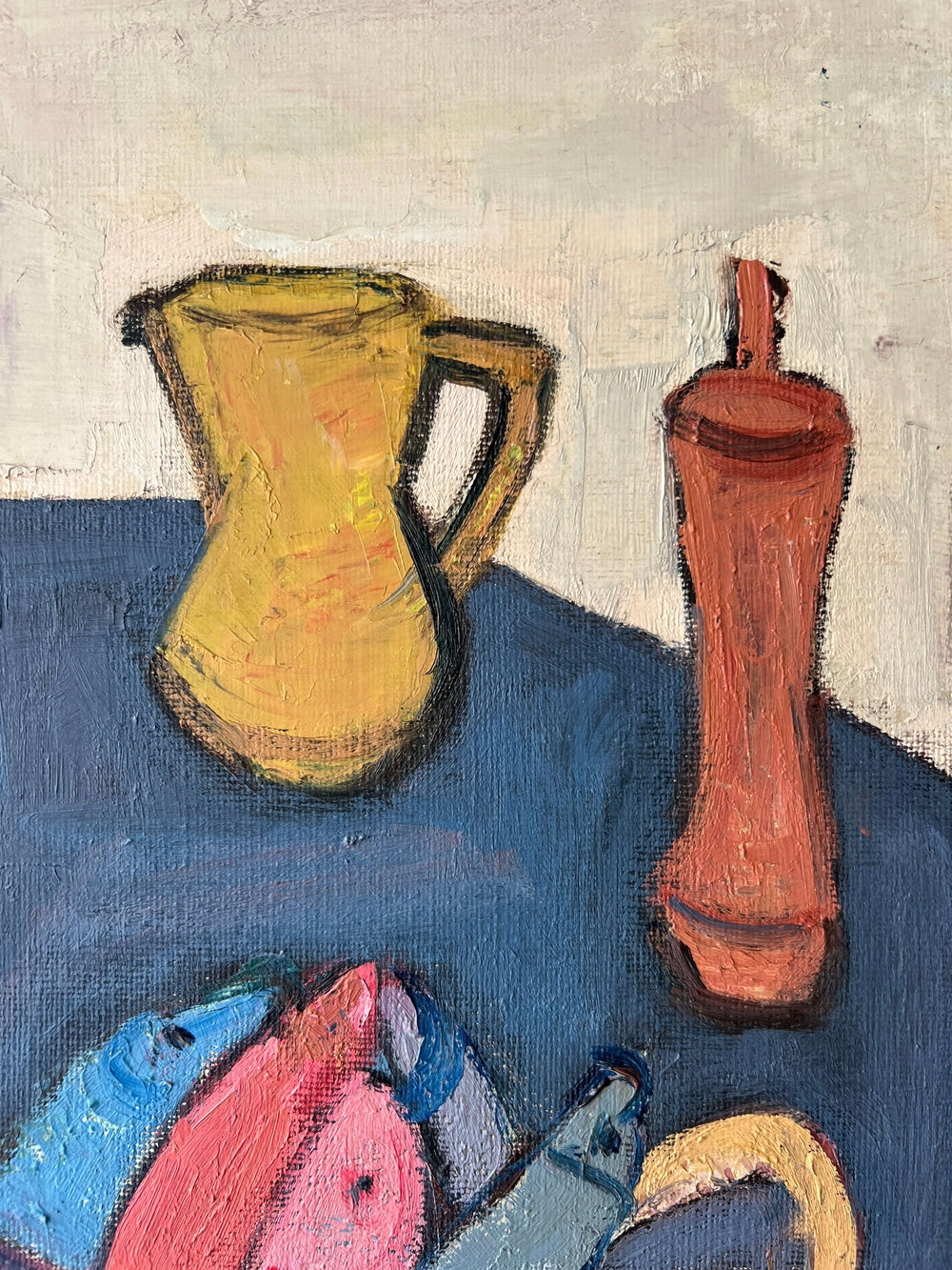 Close up of a vintage oil painting of still life objects on a  blue table. Flat shapes in post-cubist, mid-century style.