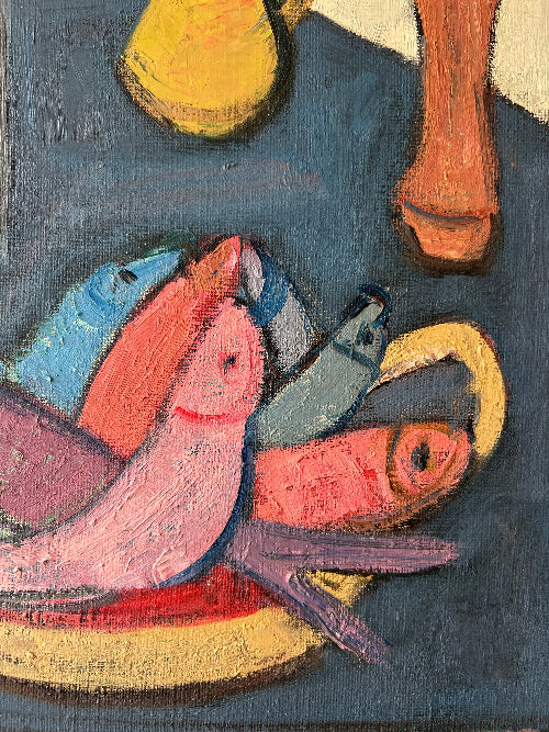 Close up of a vintage oil painting of still life objects on a  blue table. Flat shapes in post-cubist, mid-century style.