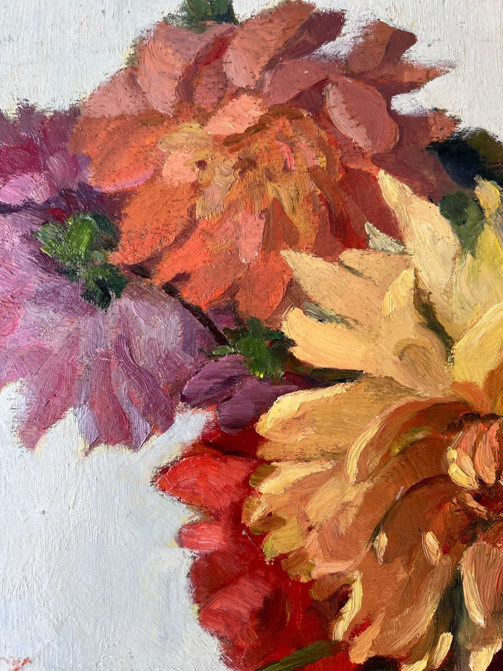 Framed, vintage, still life oil painting of a bouquet of red flowers.
