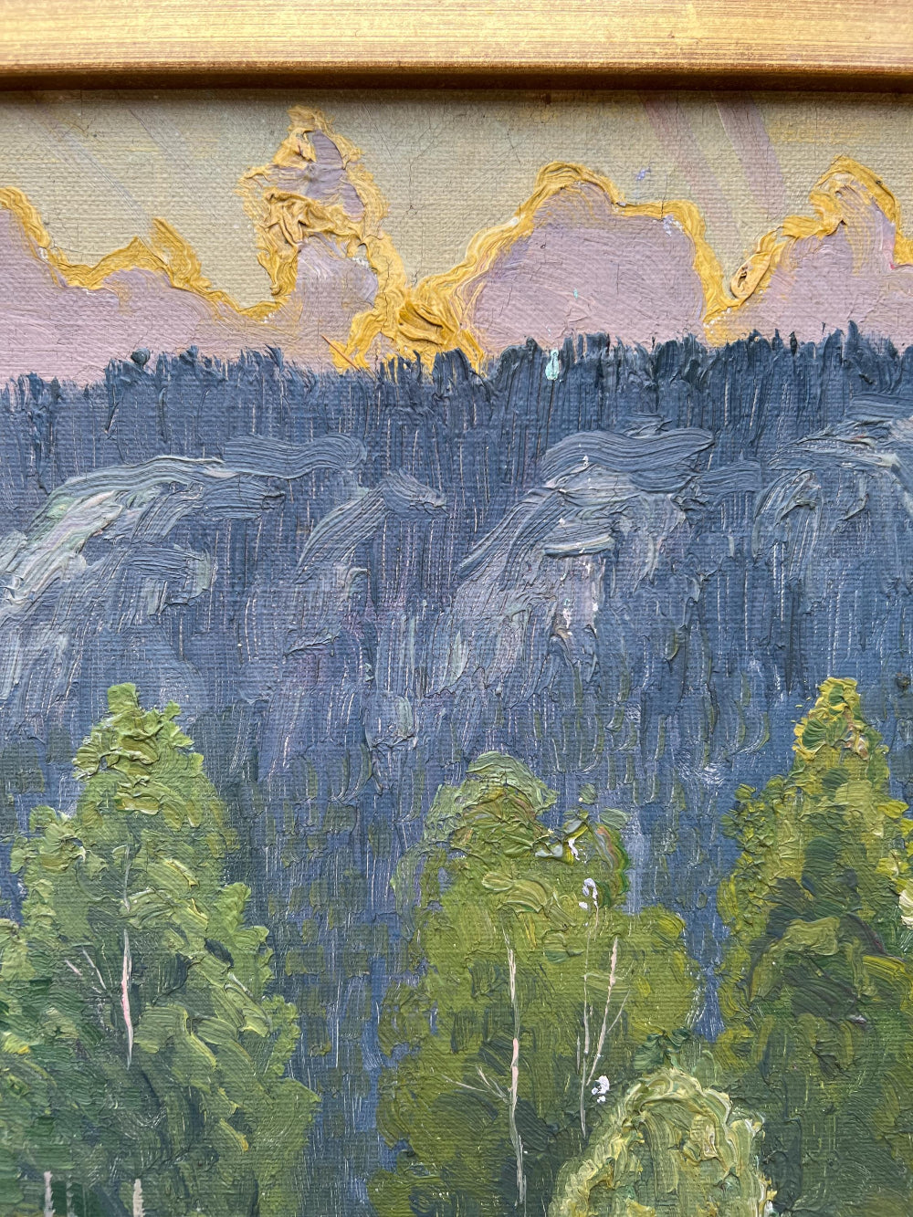 Framed, vintage, oil painting of a landscape with trees and mountains.