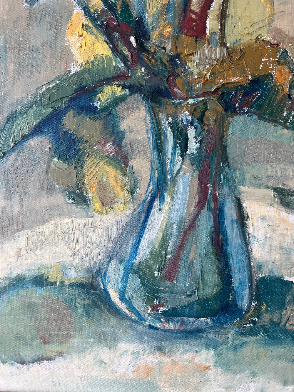 A close up of a vintage still life floral oil painting of yellow roses.A close up of a vintage still life floral oil painting of yellow roses.