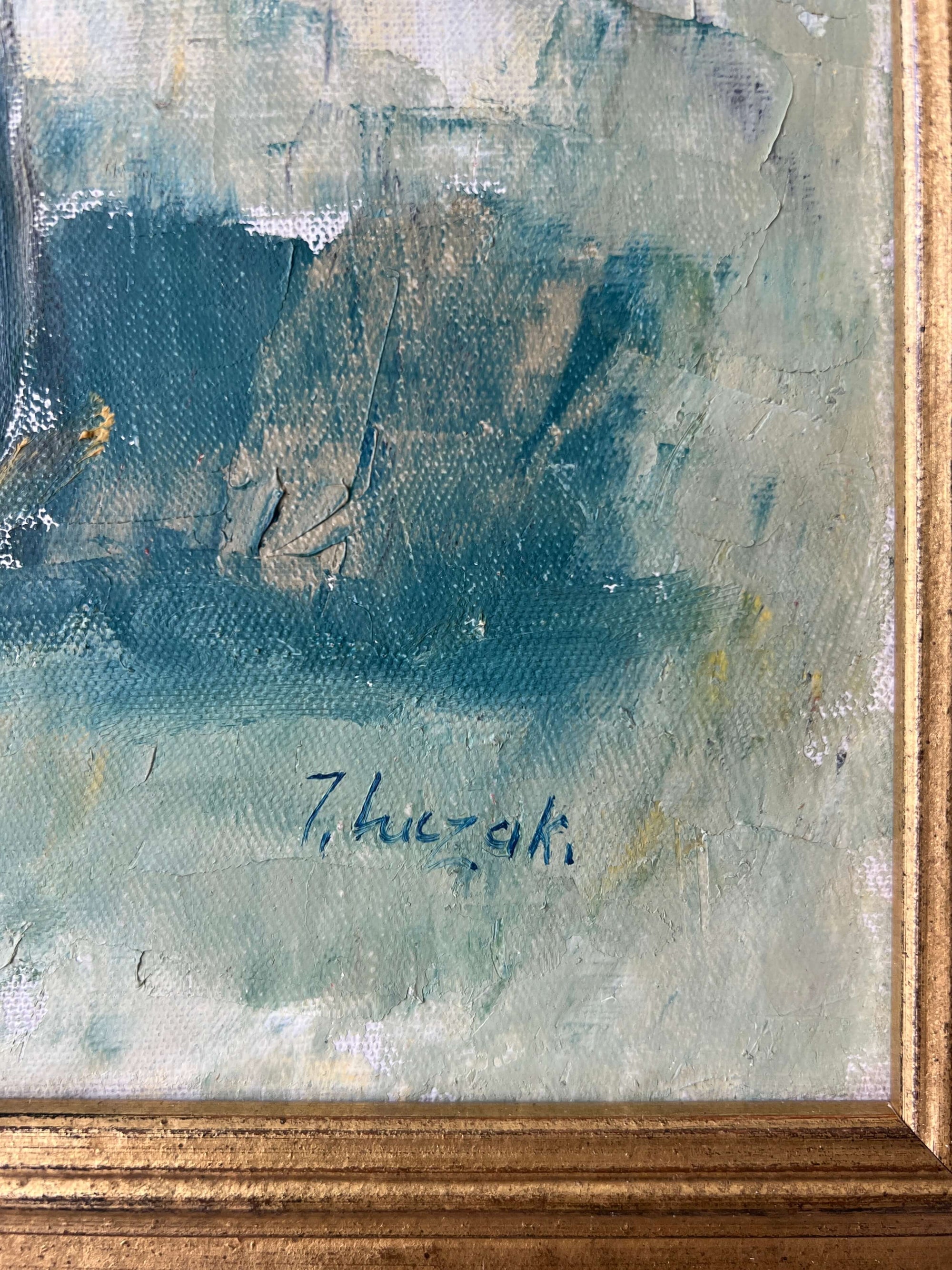 A close up of a vintage still life floral oil painting of yellow roses.
