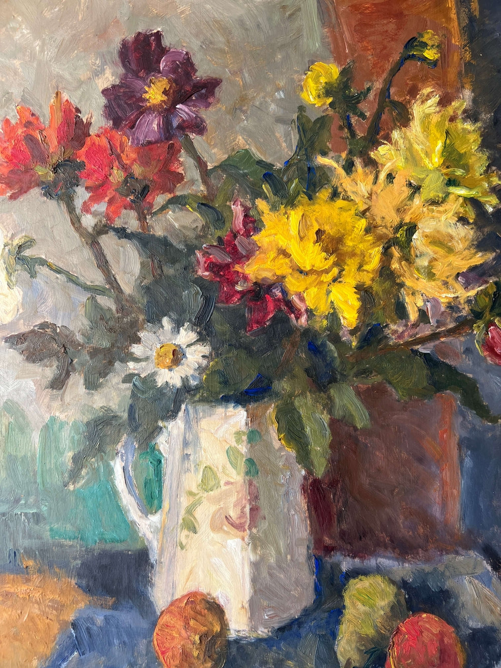 Close up of a framed impressionist oil painting on board of a bouquet of flowers with fruit. Still life art.
