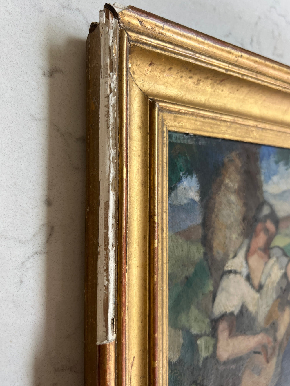 Framed vintage oil painting of a scene with people and nature 