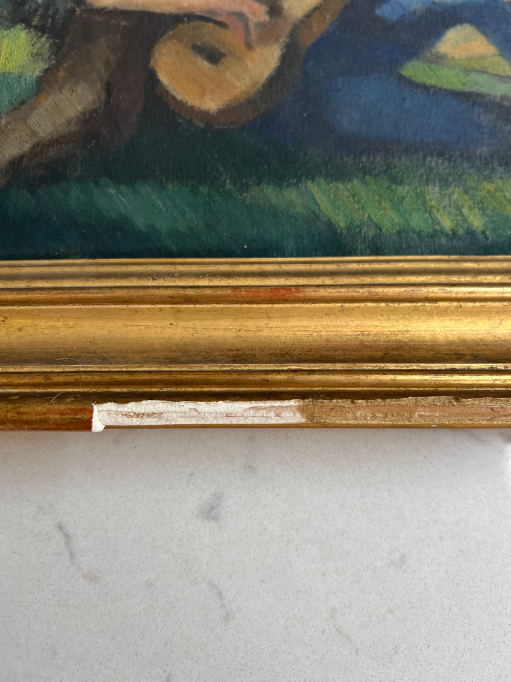Framed vintage oil painting of a scene with people and nature 