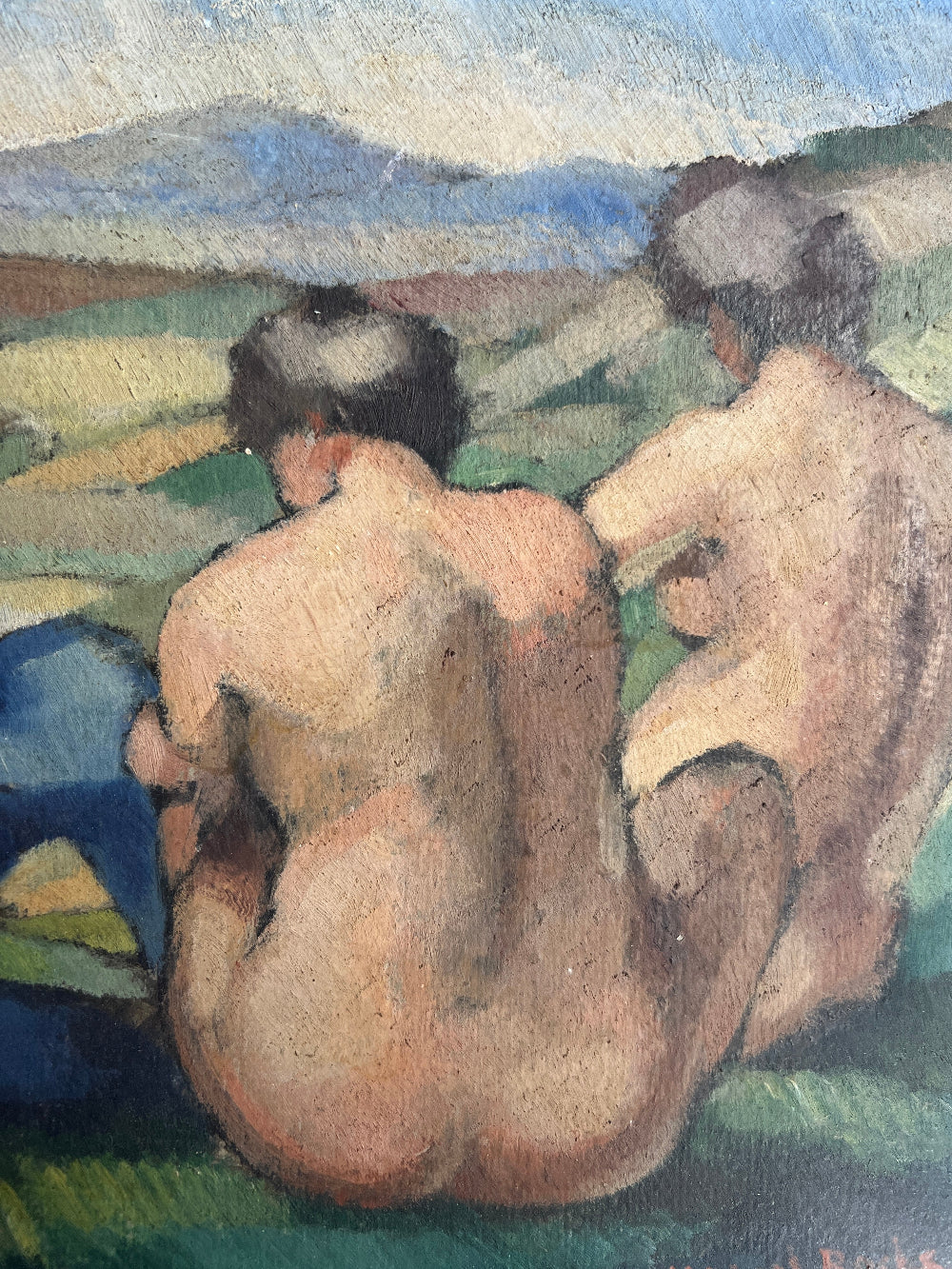 Framed vintage oil painting of a scene with people and nature 