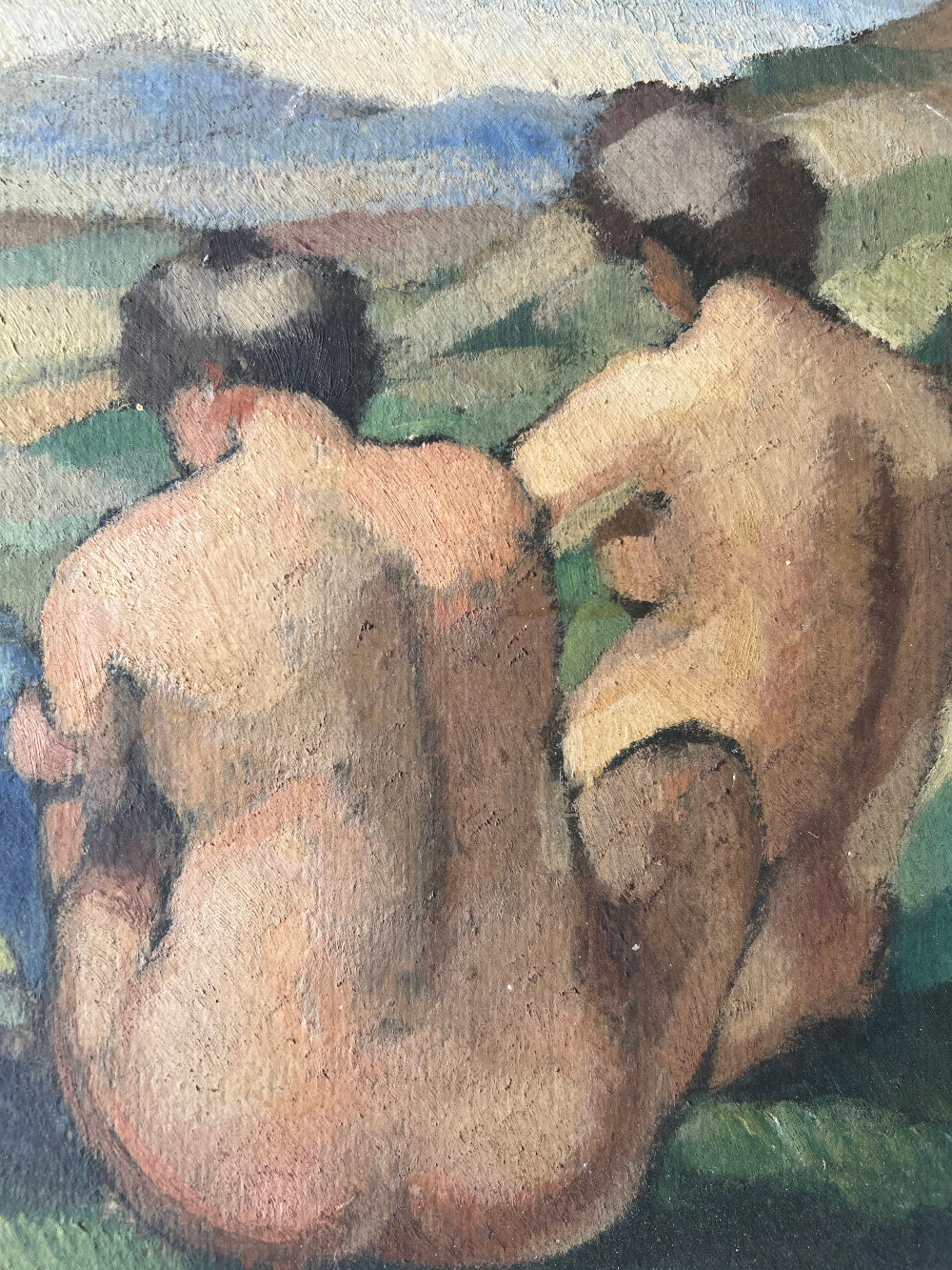 Framed vintage oil painting of a scene with people and nature 