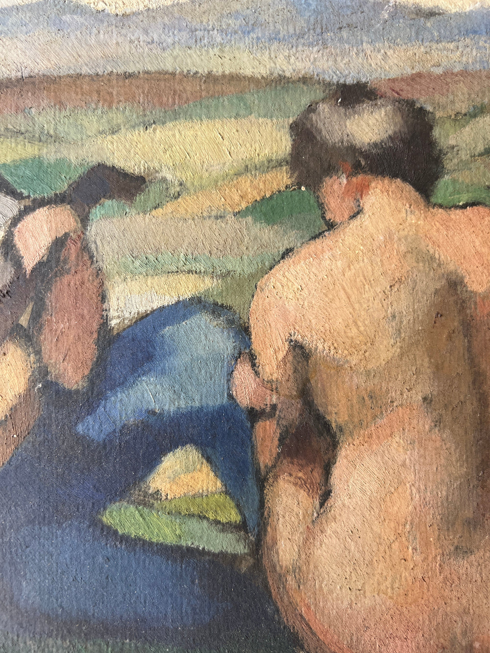 Framed vintage oil painting of a scene with people and nature 