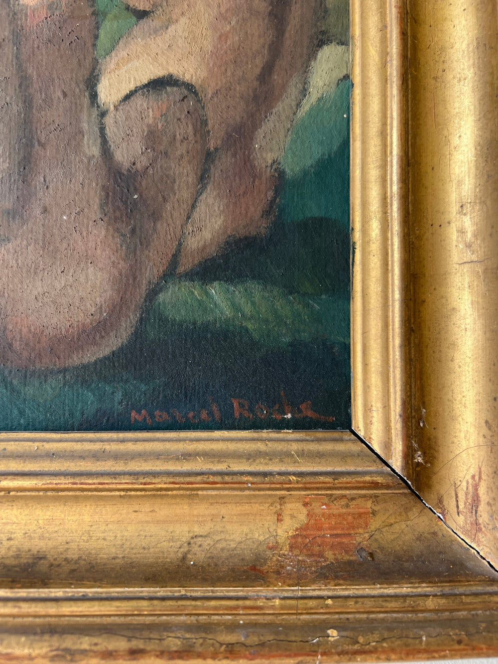 Framed vintage oil painting of a scene with people and nature 