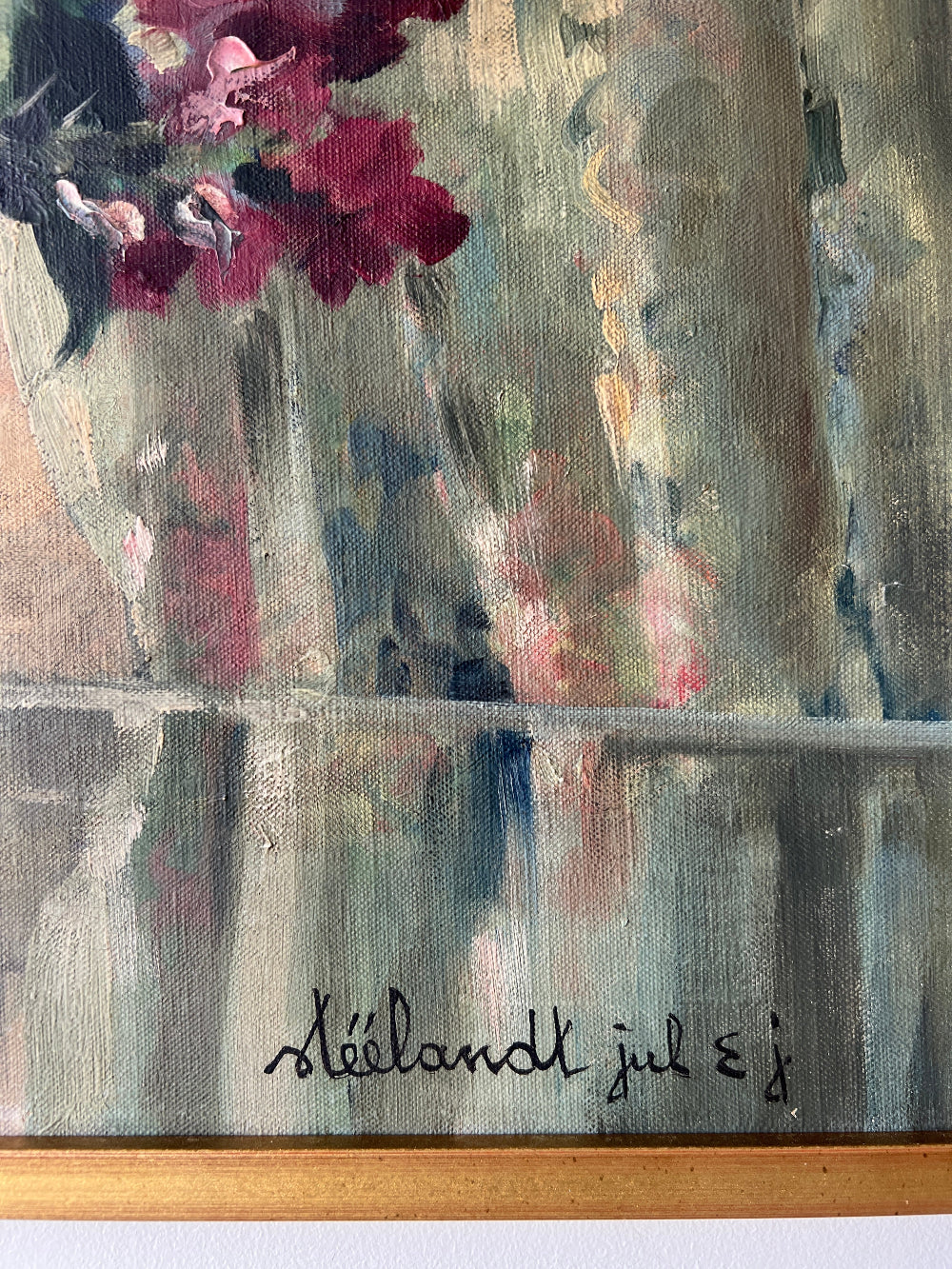 Close up of a vintage oil painting on canvas of a bouquet of dark pink hydrangeas in a glass vase. 