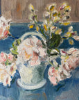 FLOWERS ON BLUE TABLE