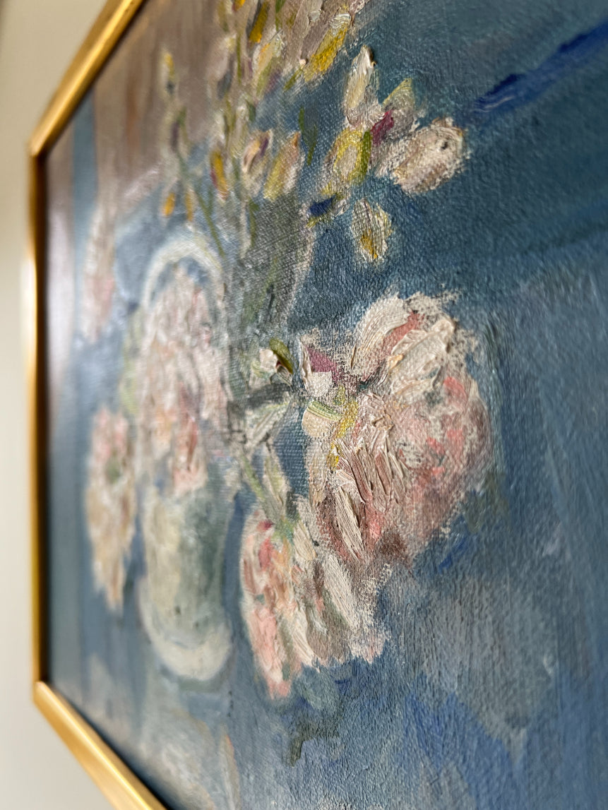 FLOWERS ON BLUE TABLE