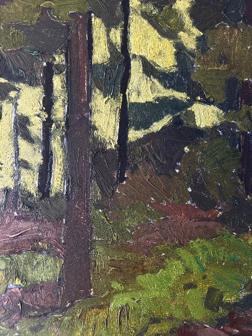 Framed landscape, vintage, oil painting of a forest scene.