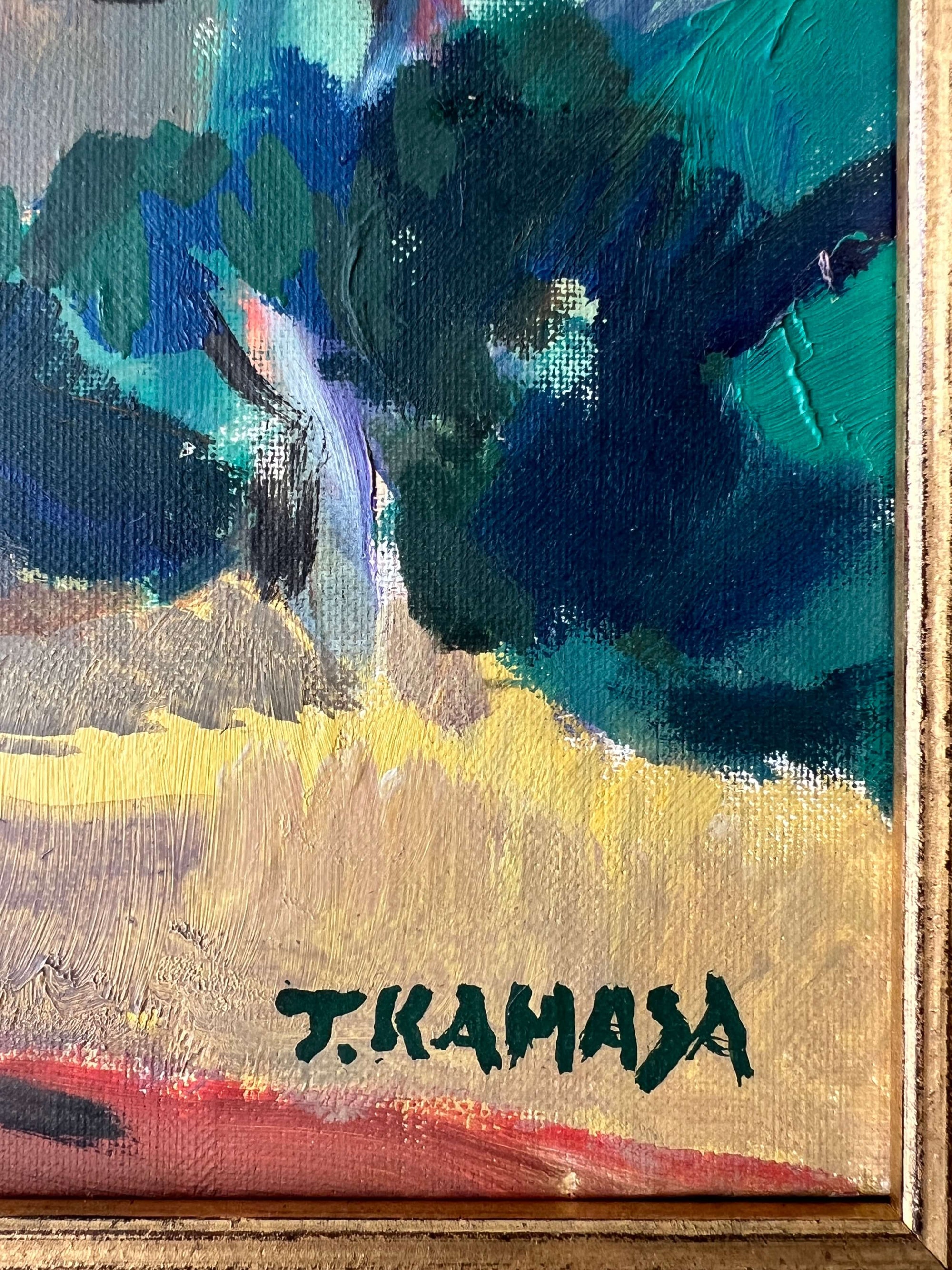 Close up of a framed, vintage oil painting on canvas of a mountainous coastal landscape with houses. Impressionist style.
