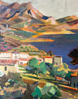 Close up of a framed, vintage oil painting on canvas of a mountainous coastal landscape with houses. Impressionist style.