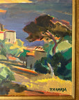 Close up of a framed, vintage oil painting on canvas of a mountainous coastal landscape with houses. Impressionist style.