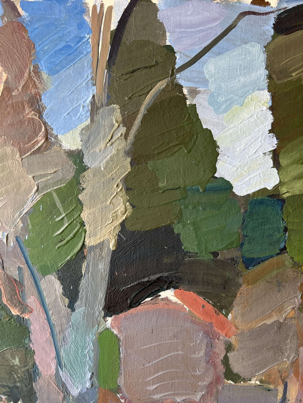 Framed semi-abstract, vintage oil painting of trees and a house.