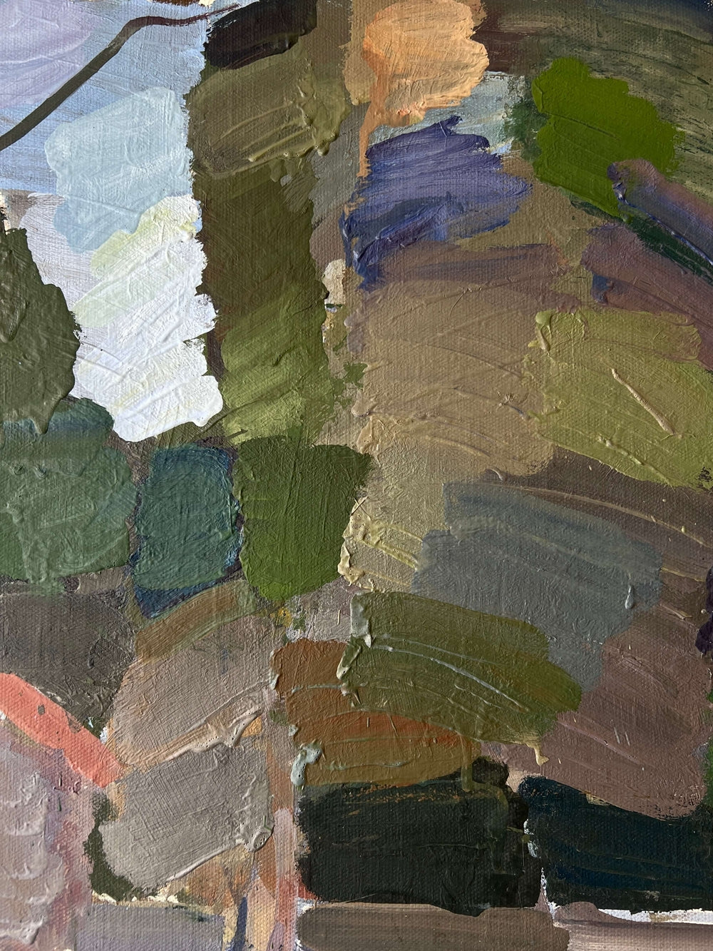 Framed semi-abstract, vintage oil painting of trees and a house.