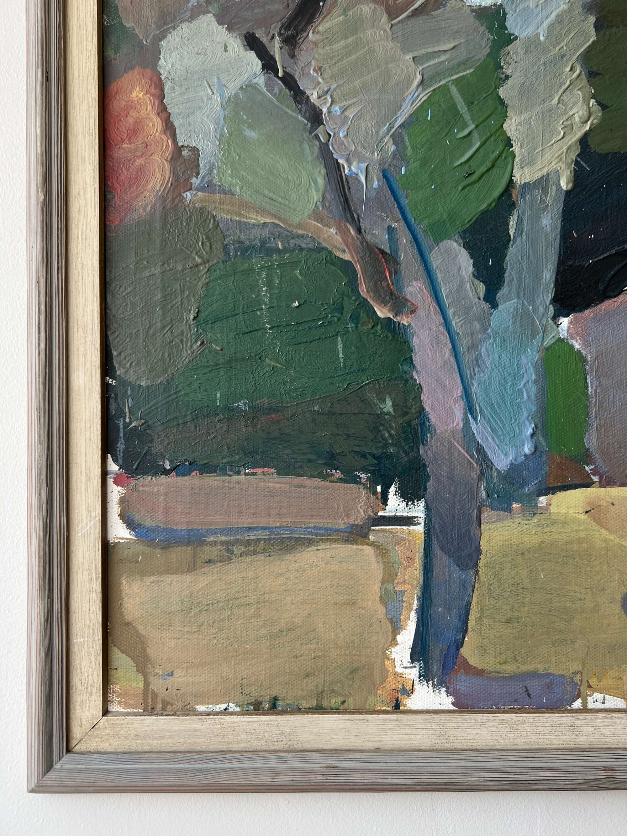 Framed semi-abstract, vintage oil painting of trees and a house.
