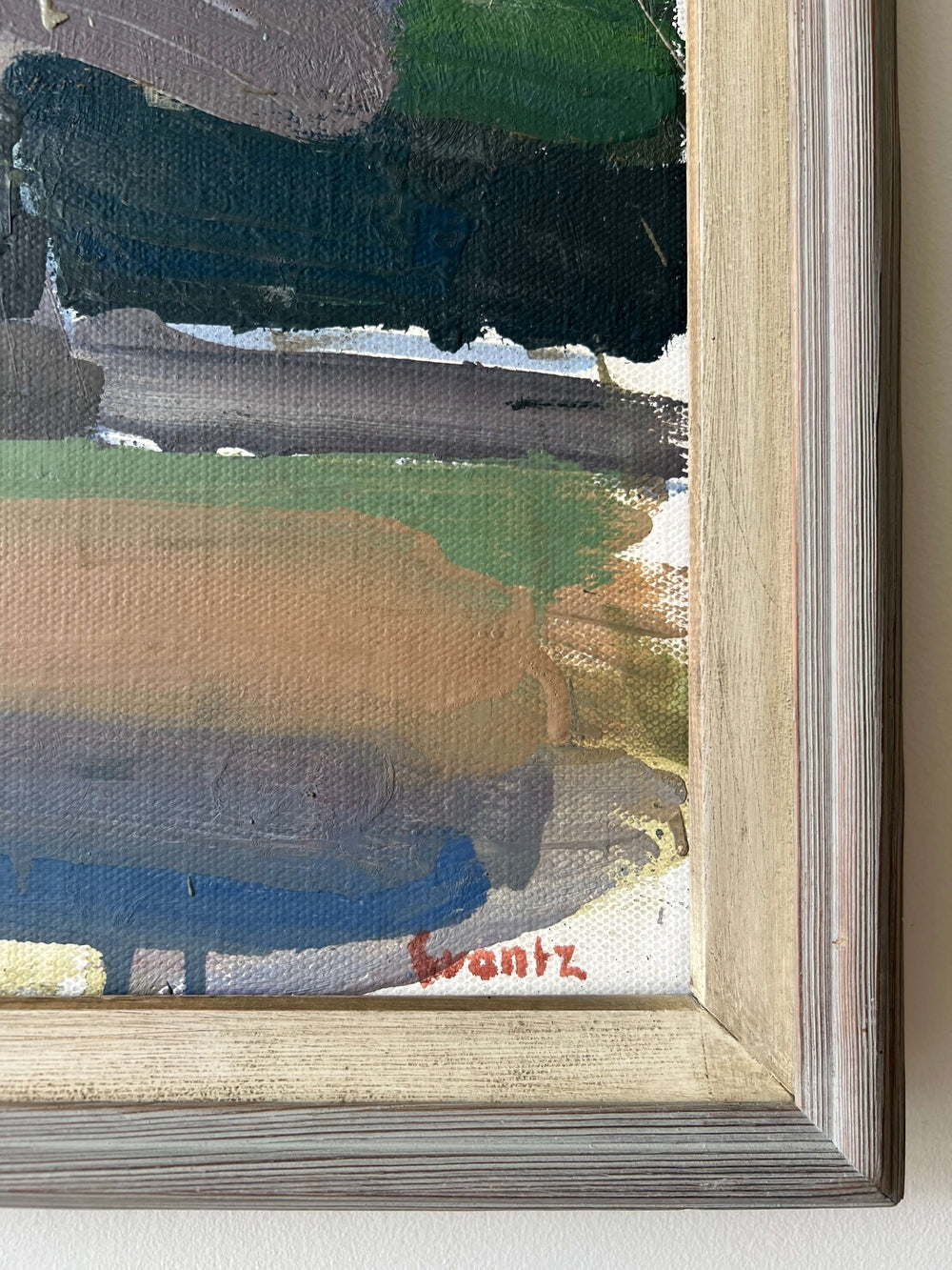Framed semi-abstract, vintage oil painting of trees and a house.