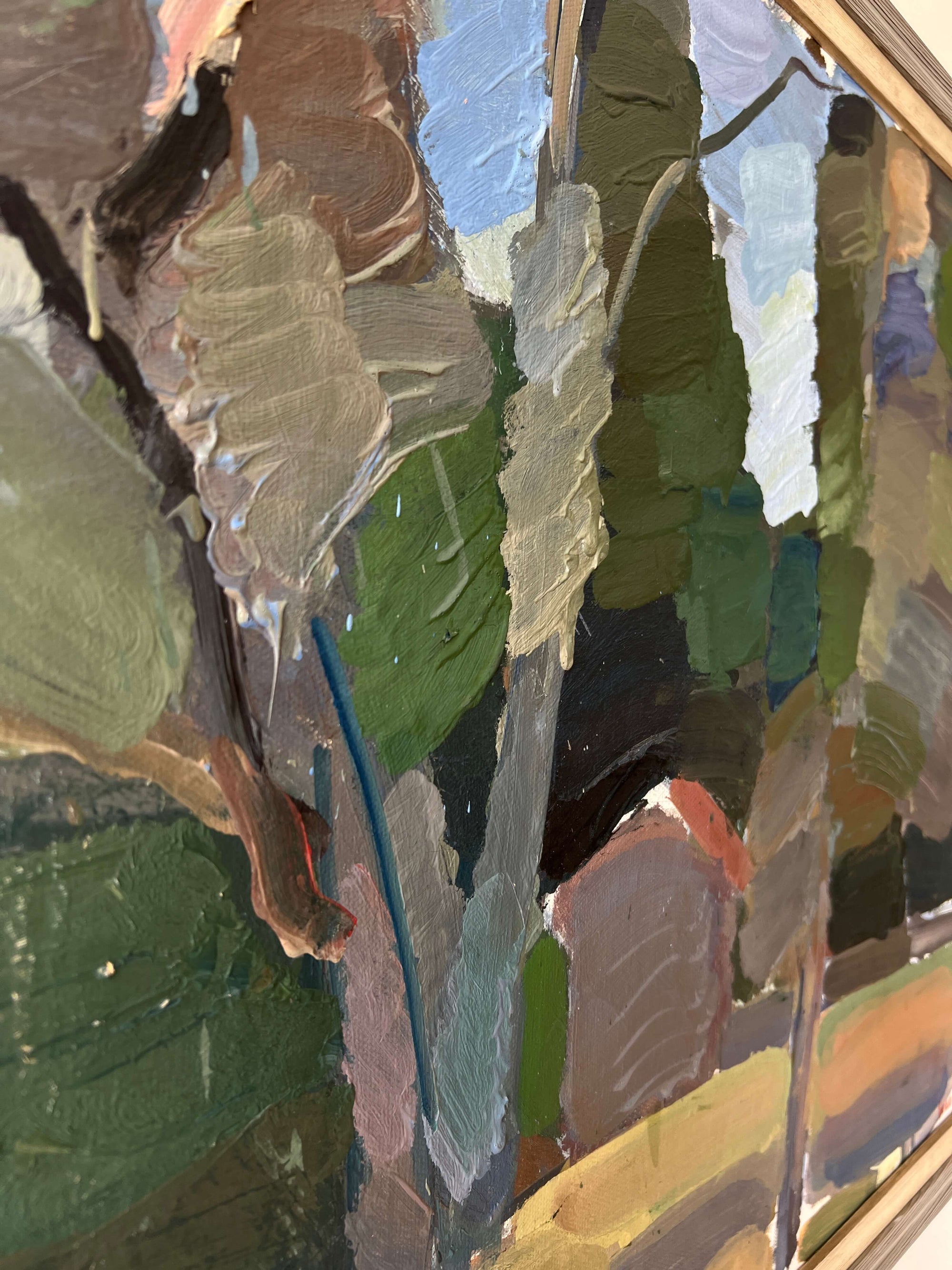 Framed semi-abstract, vintage oil painting of trees and a house.