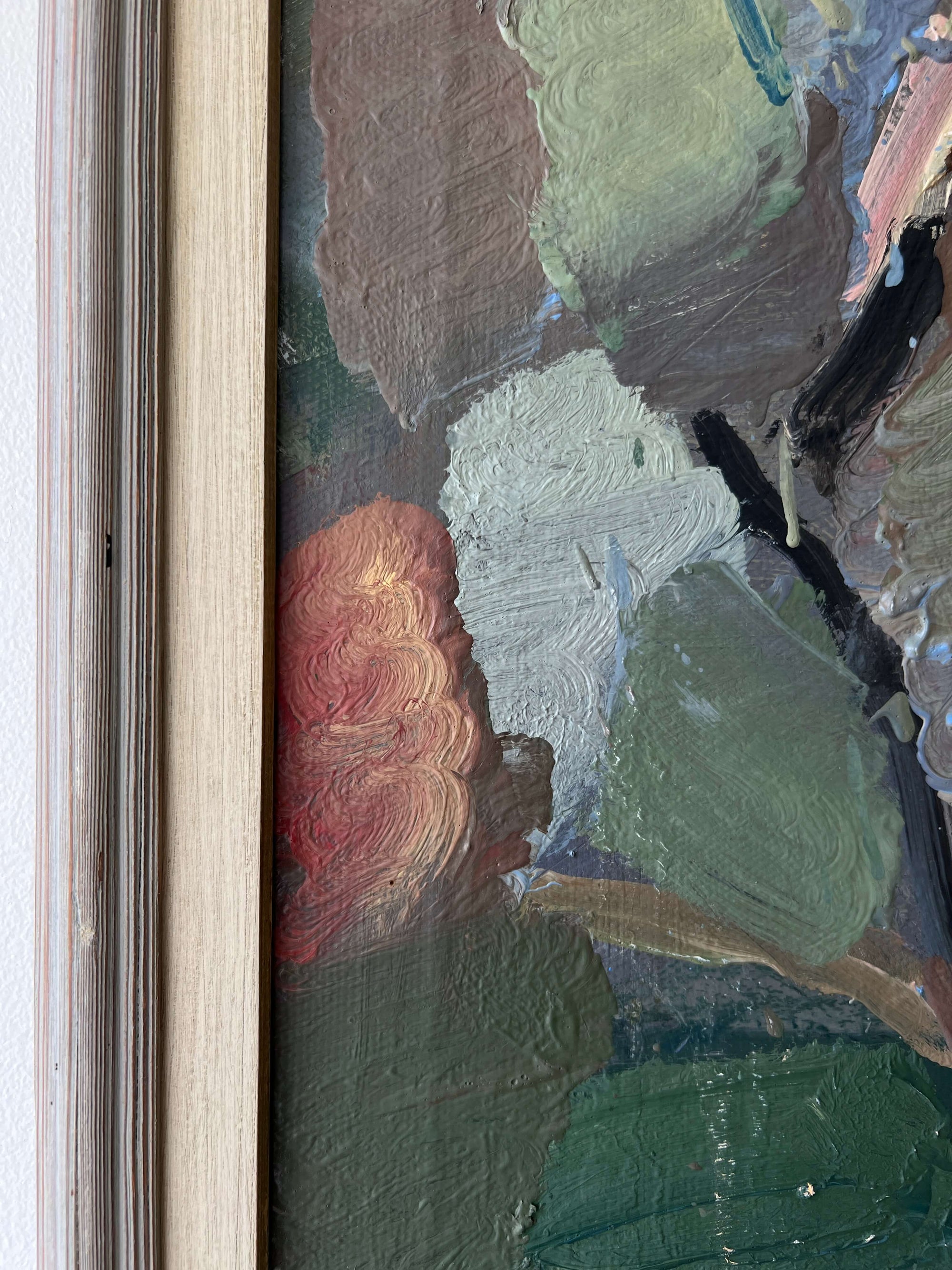 Framed semi-abstract, vintage oil painting of trees and a house.