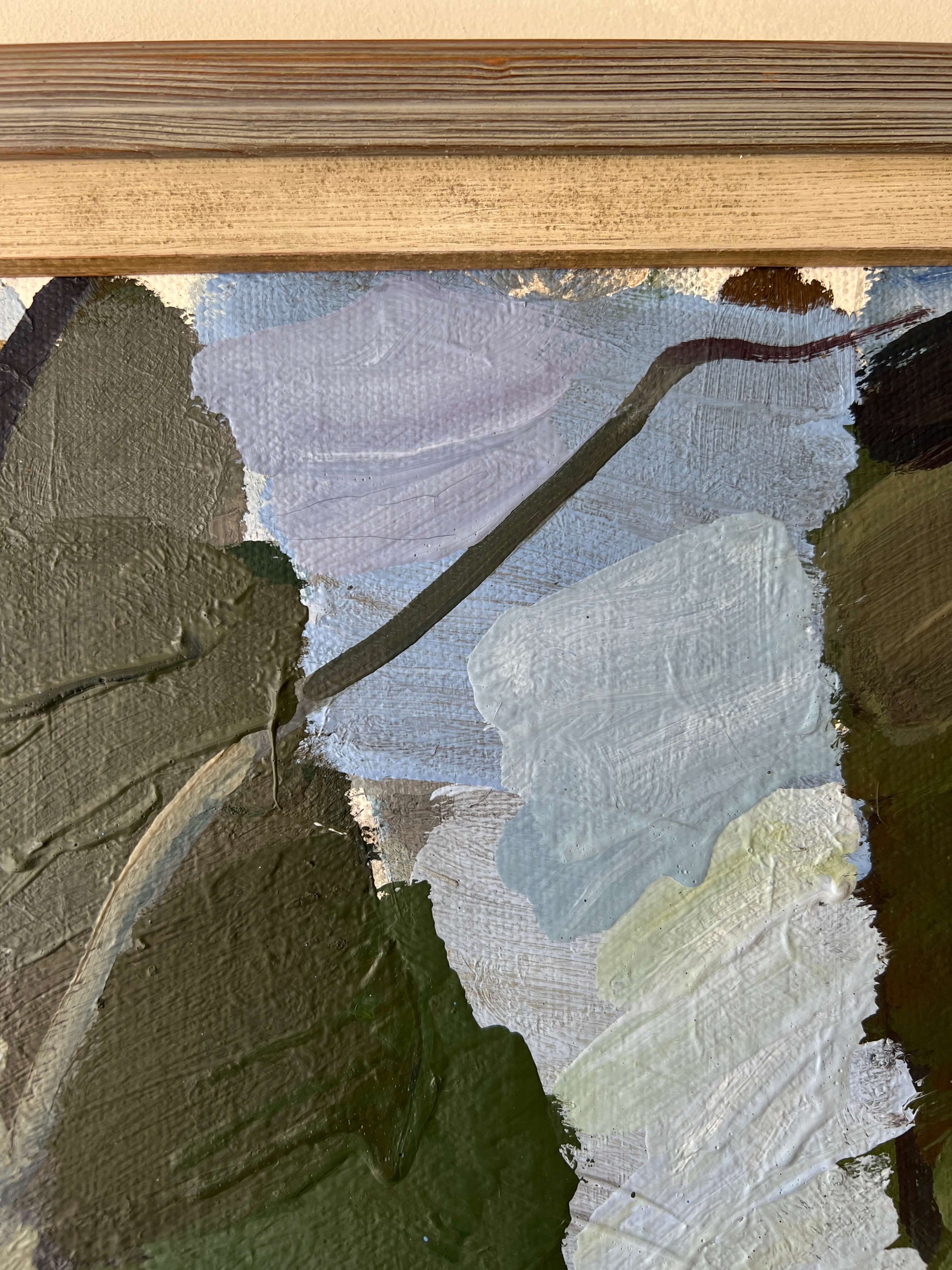 Framed semi-abstract, vintage oil painting of trees and a house.